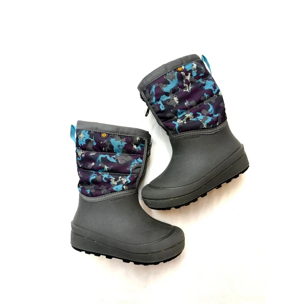 BOGS $75 Youth Girls 12 Gray Purple Teal Snow Shell Camo Waterproof Winter Boots
